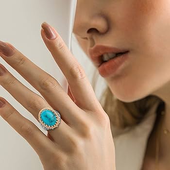 Amazon.com: niuwa Inlay Turquoise Ring for Women Oval Shaped